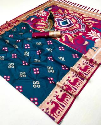 Teal soft saree with zari weawing meenakari rich pallu and unique ikkat border 3