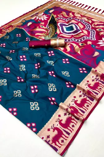 Teal soft saree with zari weawing meenakari rich pallu and unique ikkat border