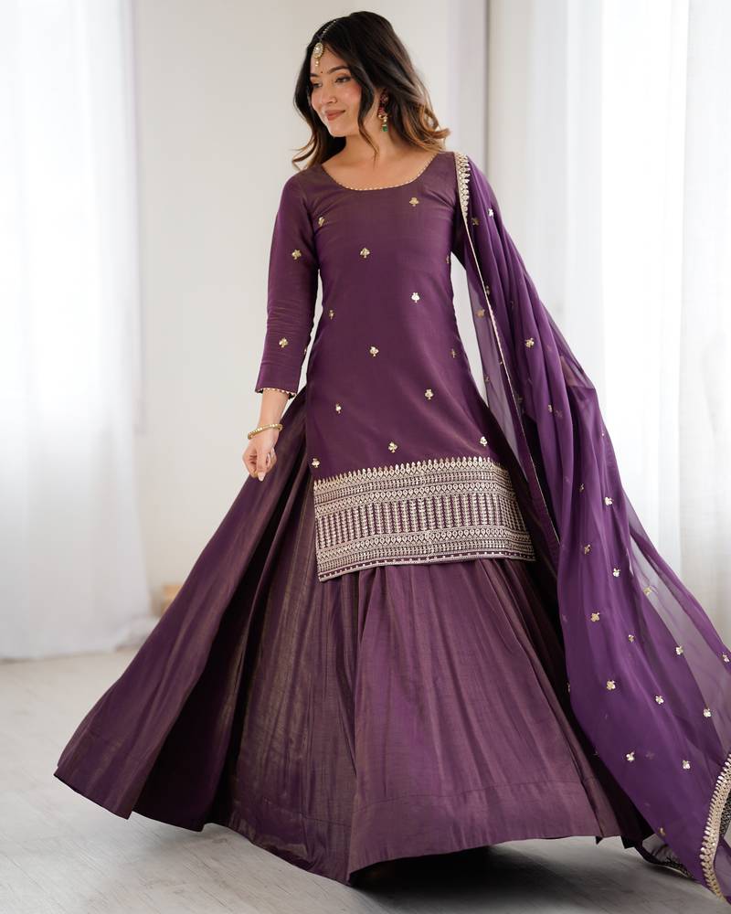 Premium roman shimmer chanderi silk kurta with flared lehenga & organza dupatta set