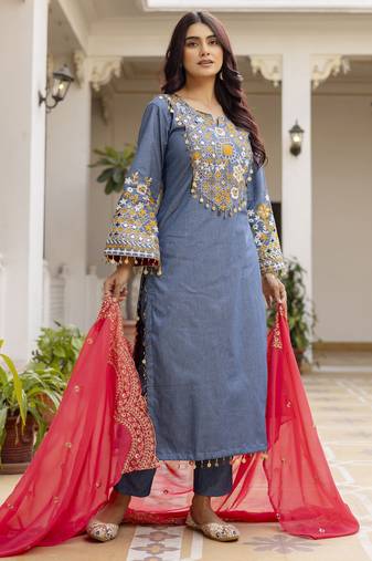 Embroidered denim cotton kurti pant set with georgette dupatta – mirror work summer collection