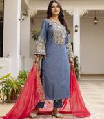 Embroidered denim cotton kurti pant set with georgette dupatta – mirror work summer collection