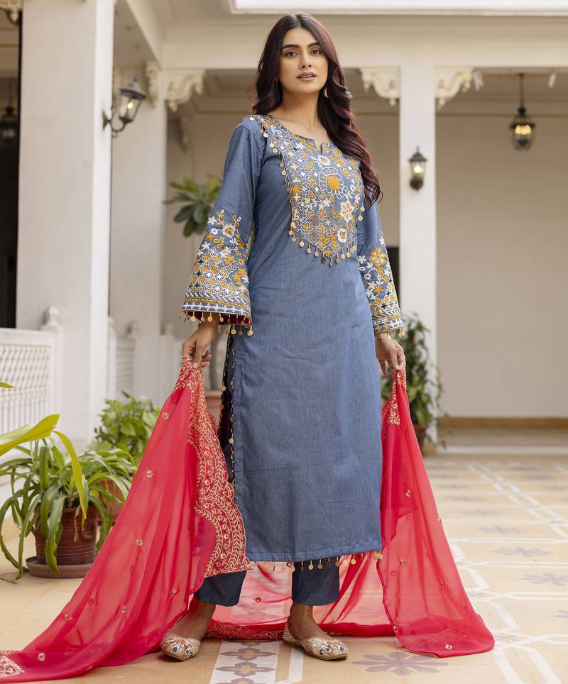 Embroidered denim cotton kurti pant set with georgette dupatta – mirror work summer collection