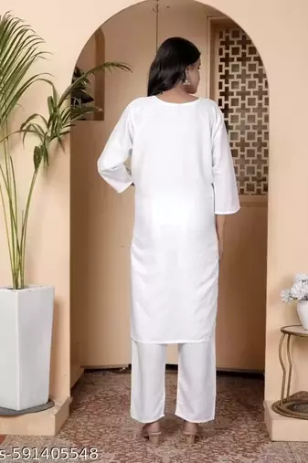 Women's White Rayon Kurta & Pant Set