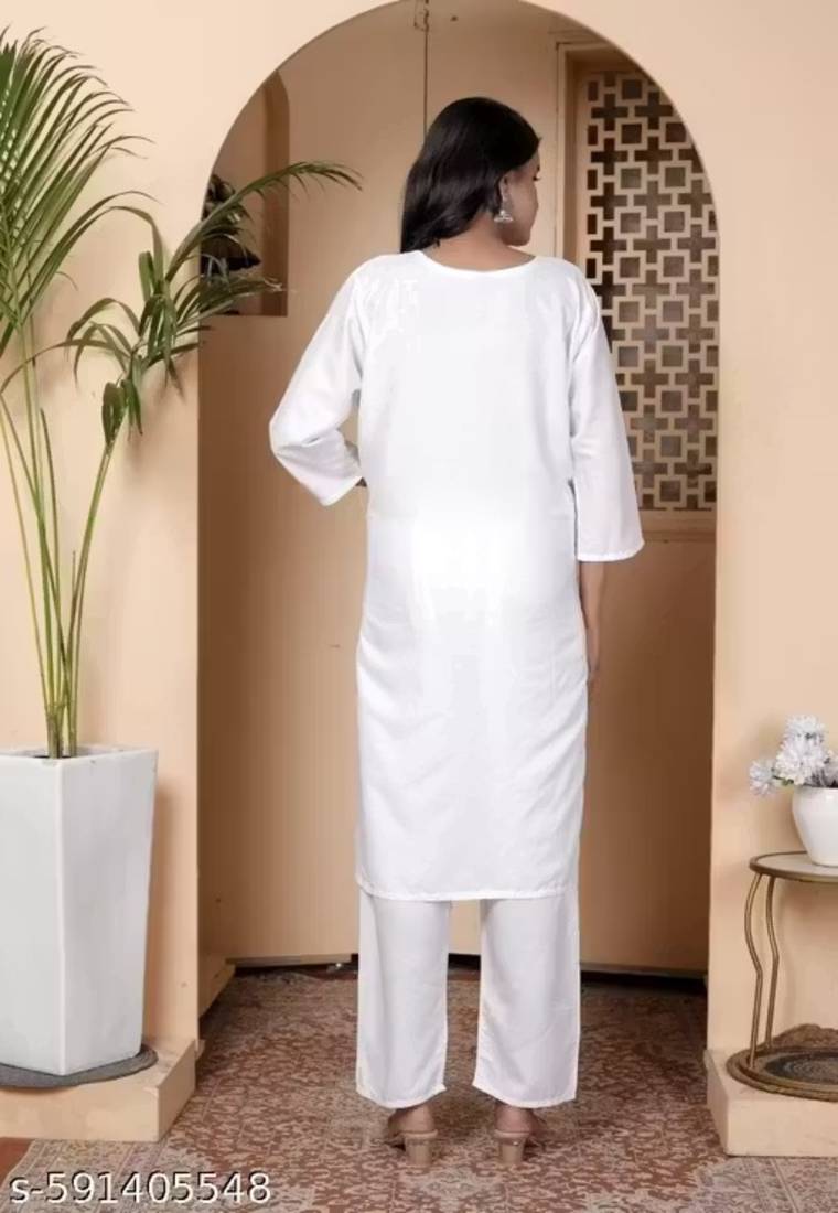 Women's White Rayon Kurta & Pant Set