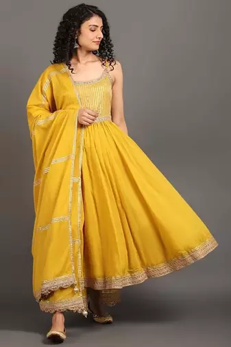 Yellow mulmul swarn mohini anarkali set