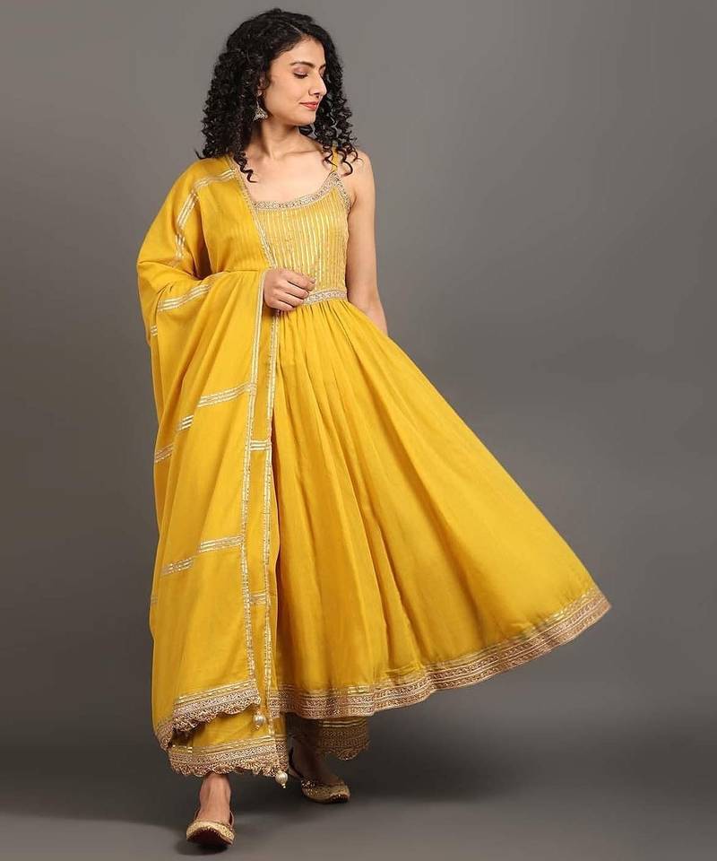 Yellow mulmul swarn mohini anarkali set