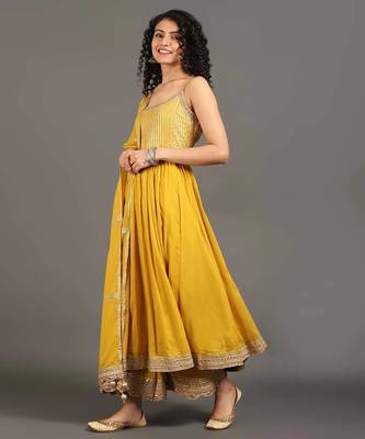 Yellow mulmul swarn mohini anarkali set 2