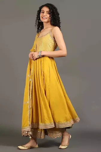 Yellow mulmul swarn mohini anarkali set