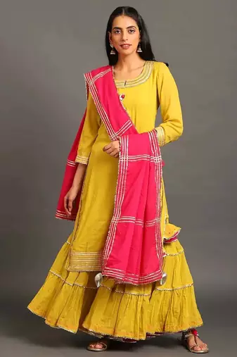 Lime green mulmul yellow mehar kurta sharara set