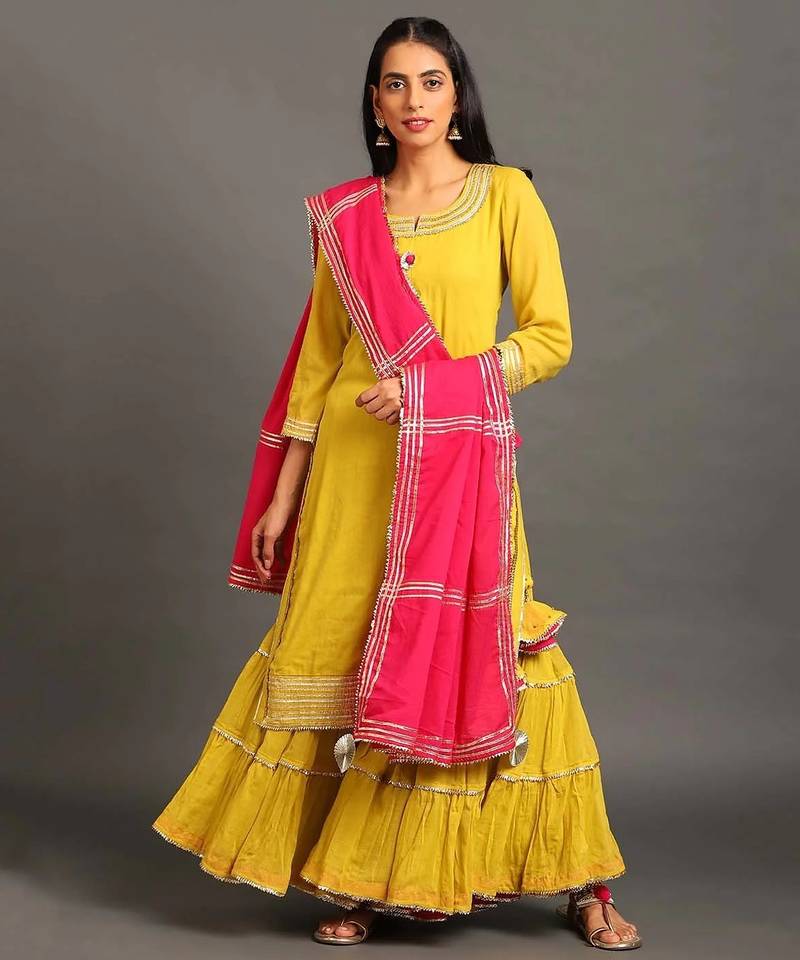 Lime green mulmul yellow mehar kurta sharara set