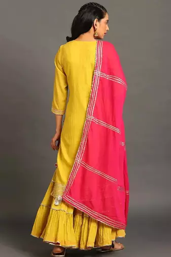 Lime green mulmul yellow mehar kurta sharara set