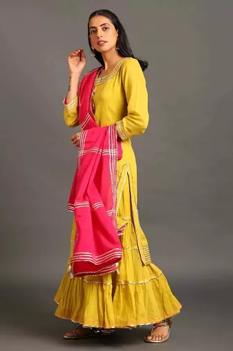 Lime green mulmul yellow mehar kurta sharara set