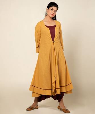 Maroon./mango yellow cotton linen maroon sufi saanjh jumpsuit with overlay 1