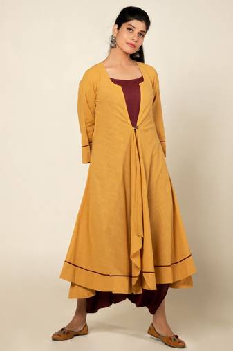 Maroon./mango yellow cotton linen maroon sufi saanjh jumpsuit with overlay