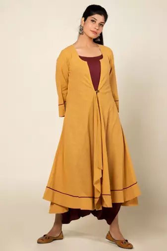 Maroon./mango yellow cotton linen maroon sufi saanjh jumpsuit with overlay