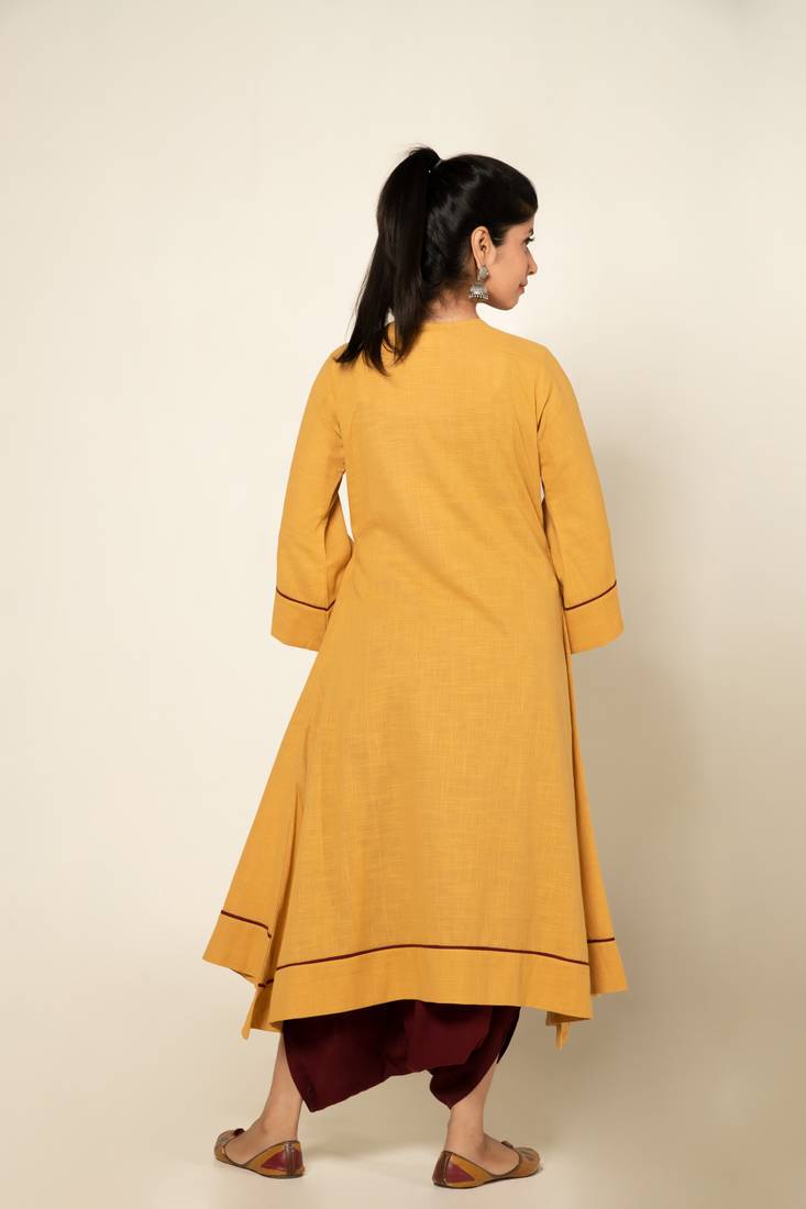 Maroon./mango yellow cotton linen maroon sufi saanjh jumpsuit with overlay