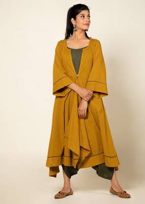 Army green/ musterd cotton linen olive sufi saanjh jumpsuit with overlay 1
