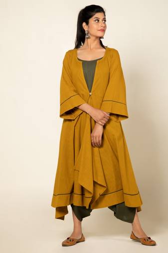 Army green/ musterd cotton linen olive sufi saanjh jumpsuit with overlay