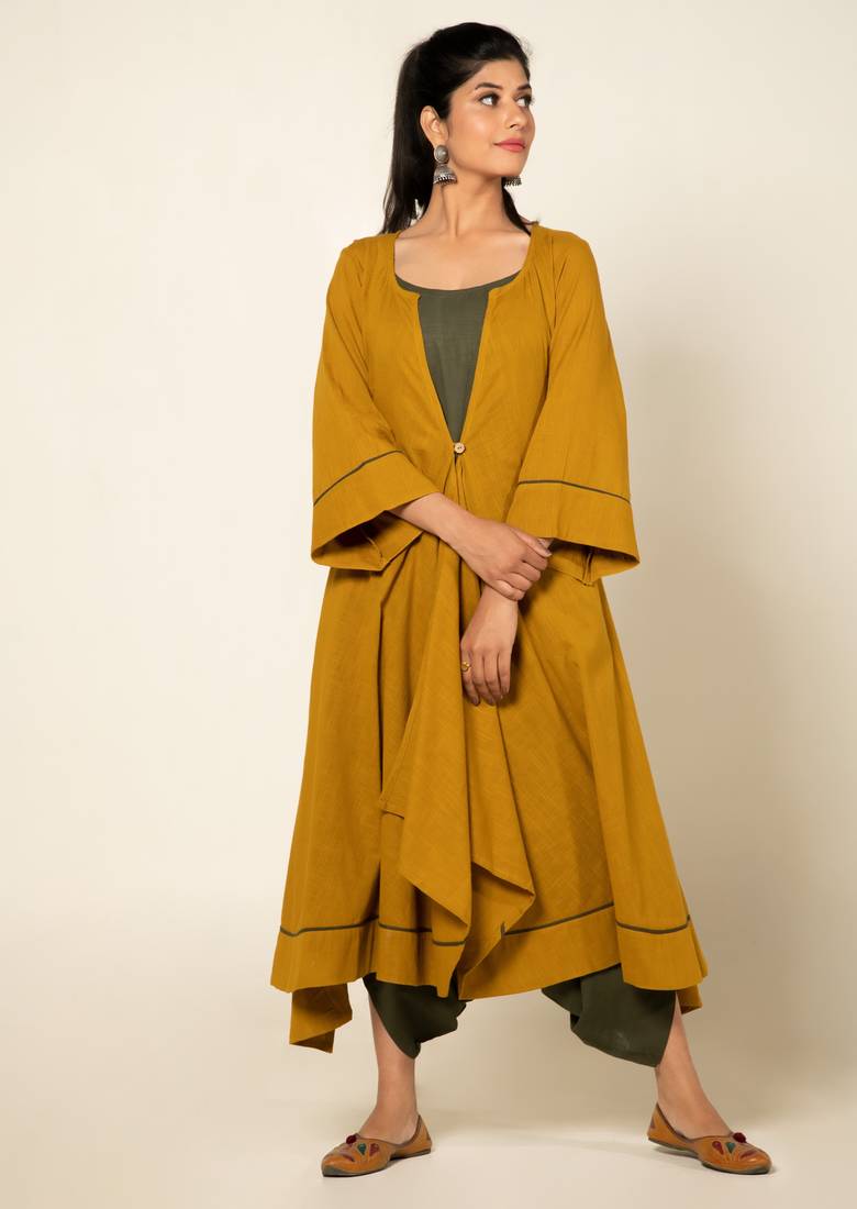 Army green/ musterd cotton linen olive sufi saanjh jumpsuit with overlay