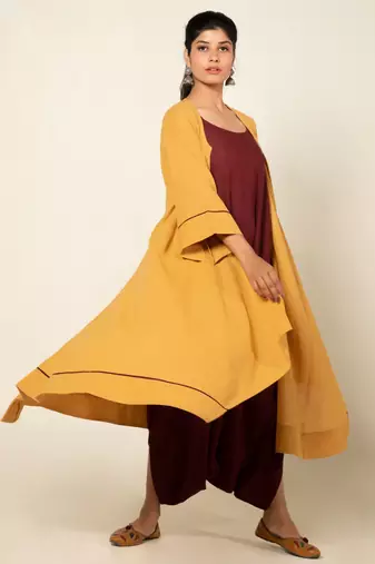 Maroon./mango yellow cotton linen maroon sufi saanjh jumpsuit with overlay