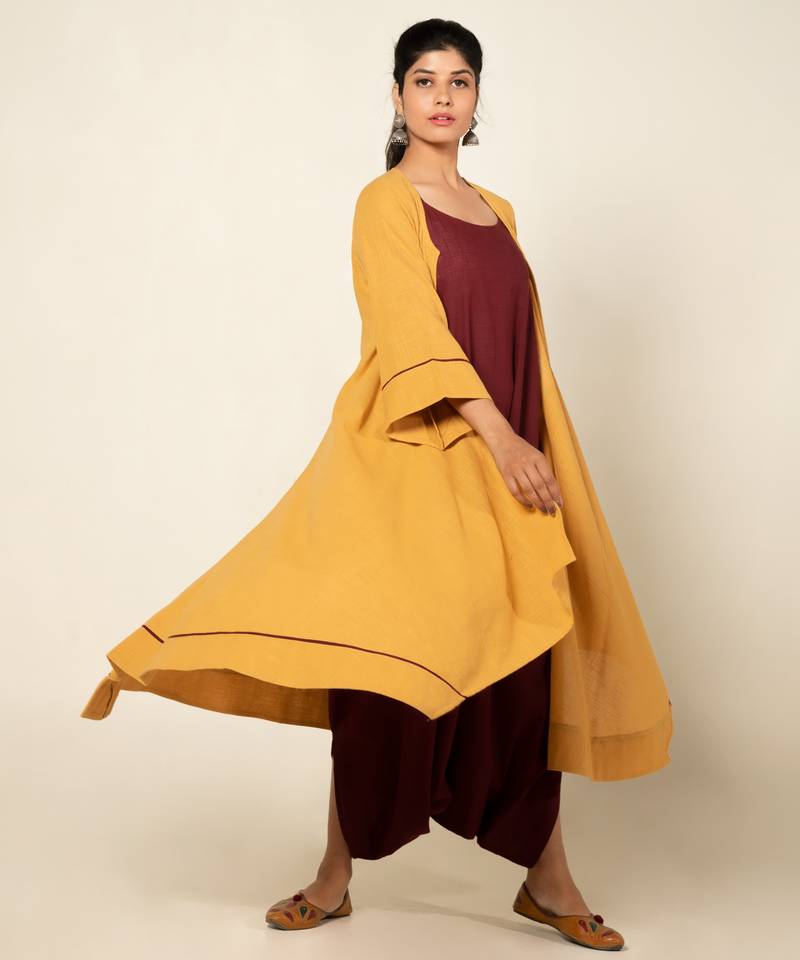 Maroon./mango yellow cotton linen maroon sufi saanjh jumpsuit with overlay