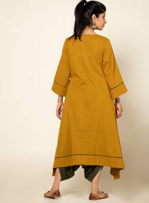 Army green/ musterd cotton linen olive sufi saanjh jumpsuit with overlay 2