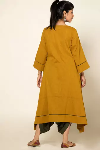 Army green/ musterd cotton linen olive sufi saanjh jumpsuit with overlay