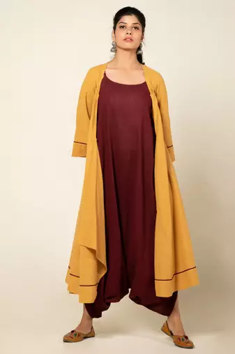 Maroon./mango yellow cotton linen maroon sufi saanjh jumpsuit with overlay