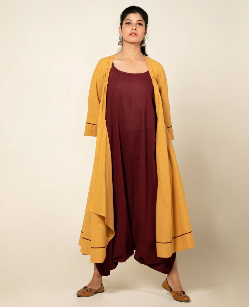 Maroon./mango yellow cotton linen maroon sufi saanjh jumpsuit with overlay