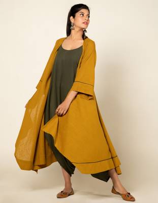 Army green/ musterd cotton linen olive sufi saanjh jumpsuit with overlay 3