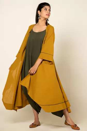 Army green/ musterd cotton linen olive sufi saanjh jumpsuit with overlay