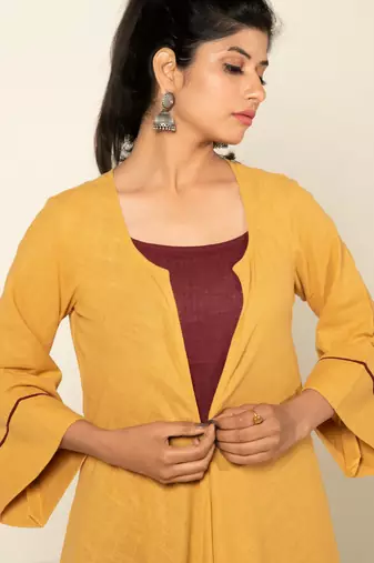 Maroon./mango yellow cotton linen maroon sufi saanjh jumpsuit with overlay