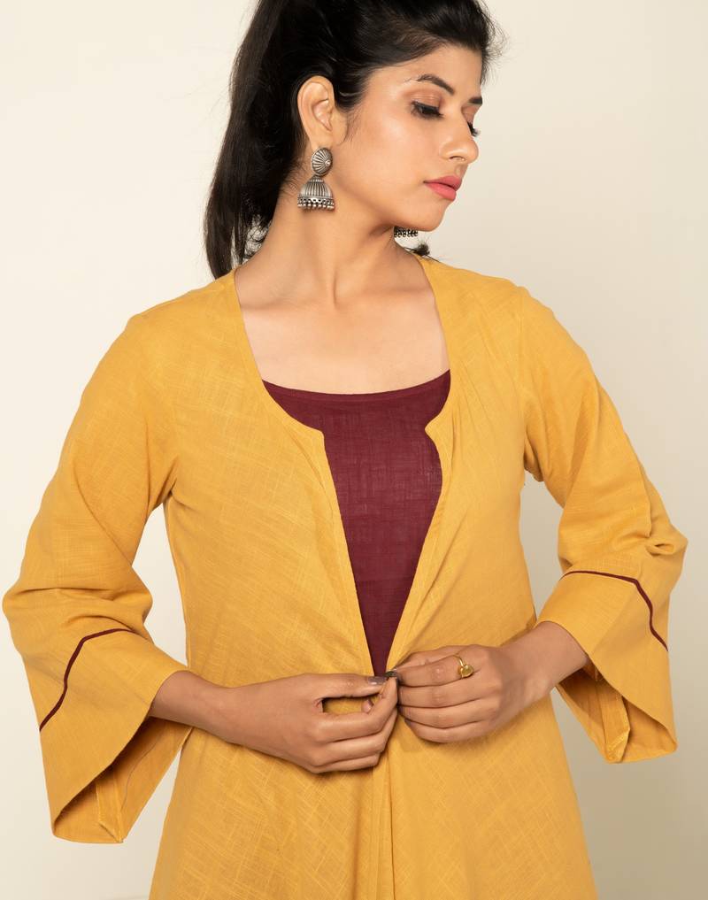 Maroon./mango yellow cotton linen maroon sufi saanjh jumpsuit with overlay