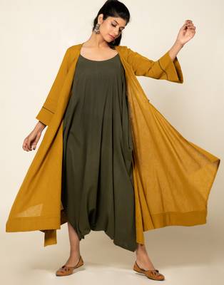 Army green/ musterd cotton linen olive sufi saanjh jumpsuit with overlay 4