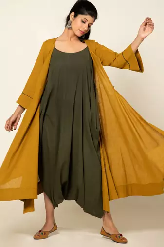 Army green/ musterd cotton linen olive sufi saanjh jumpsuit with overlay