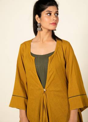 Army green/ musterd cotton linen olive sufi saanjh jumpsuit with overlay 5