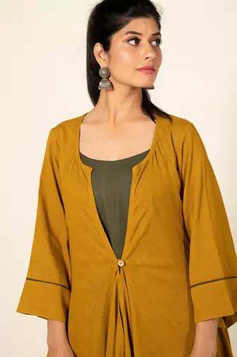 Army green/ musterd cotton linen olive sufi saanjh jumpsuit with overlay