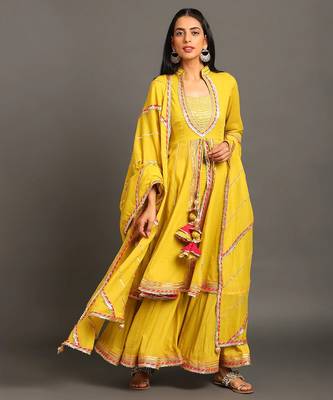 Lime green mulmul yellow jodha anarkali sharara set 1