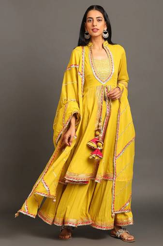 Lime green mulmul yellow jodha anarkali sharara set