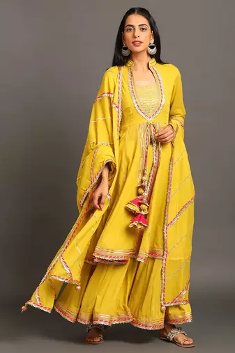 Lime green mulmul yellow jodha anarkali sharara set
