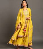 Lime green mulmul yellow jodha anarkali sharara set