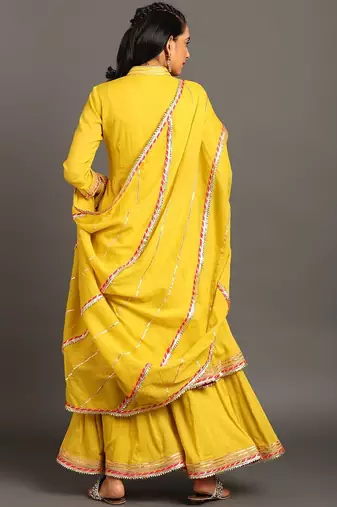 Lime green mulmul yellow jodha anarkali sharara set