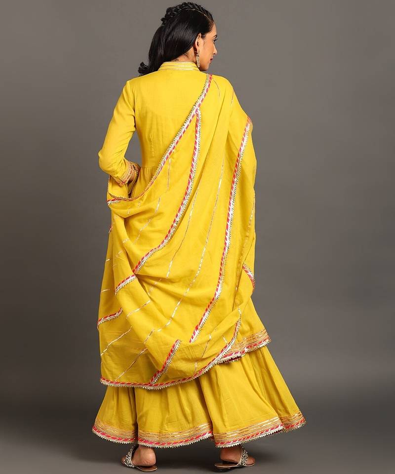 Lime green mulmul yellow jodha anarkali sharara set