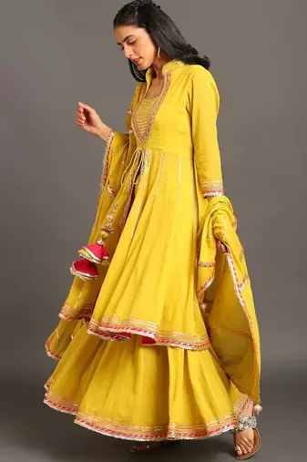 Lime green mulmul yellow jodha anarkali sharara set