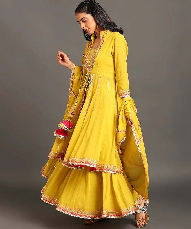 Lime green mulmul yellow jodha anarkali sharara set