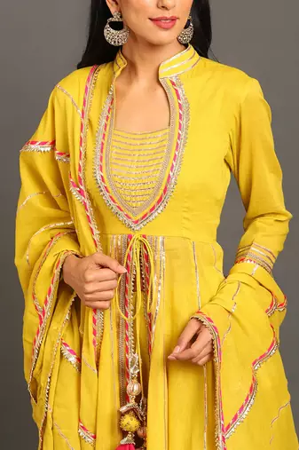 Lime green mulmul yellow jodha anarkali sharara set