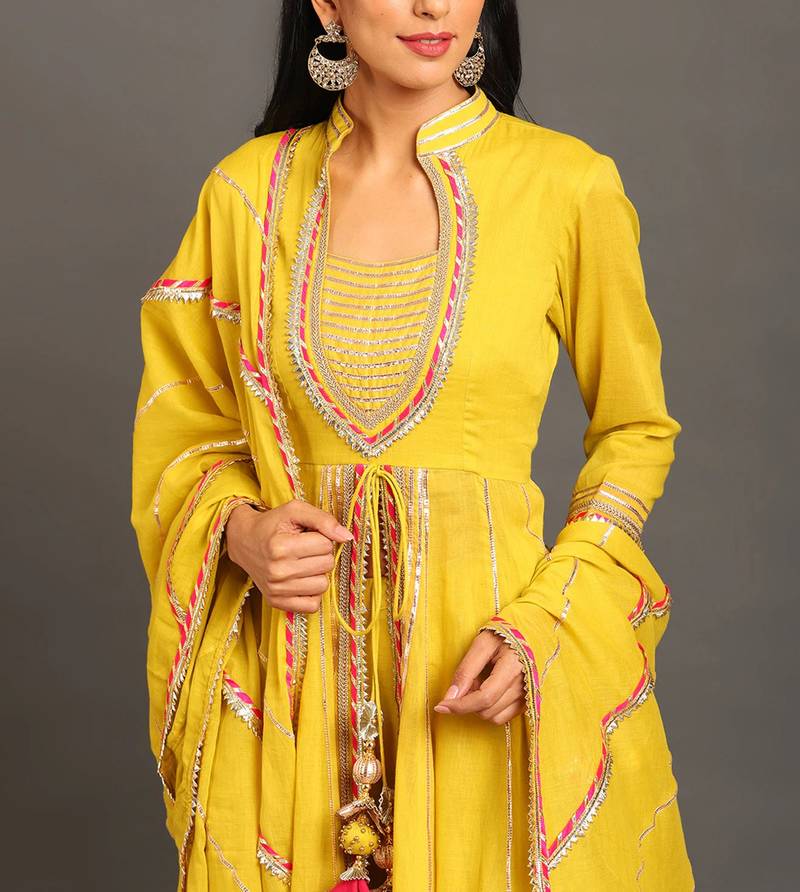 Lime green mulmul yellow jodha anarkali sharara set