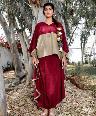 Maroon/ beige cotton linen cherry noora  co-ord set 1