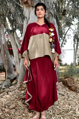 Maroon/ beige cotton linen cherry noora  co-ord set