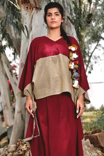 Maroon/ beige cotton linen cherry noora  co-ord set